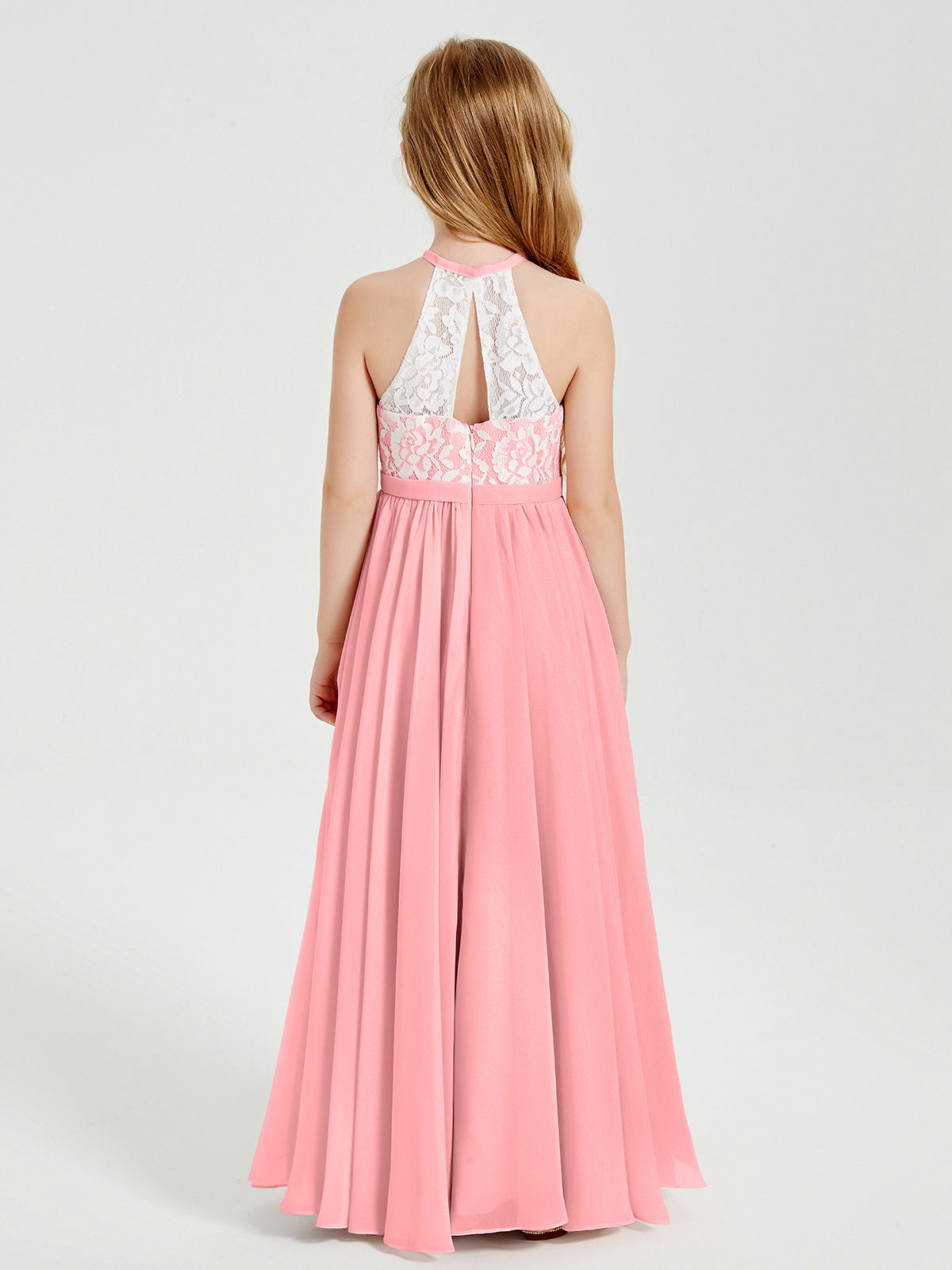 Lace Top Long Chiffon Bridesmaid Dresses Flamingo